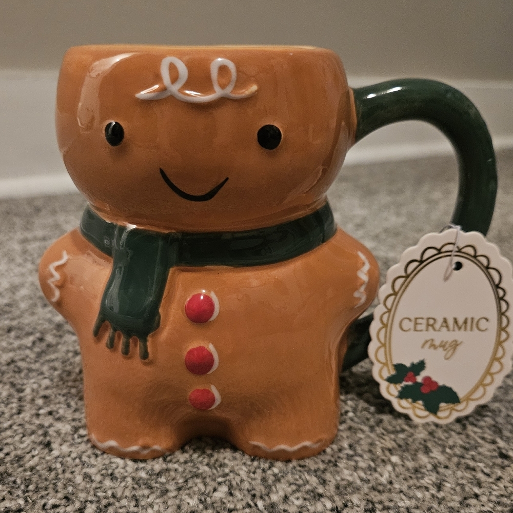 Gingerbread Man Ceramic Mug with Green Handle & Scarf